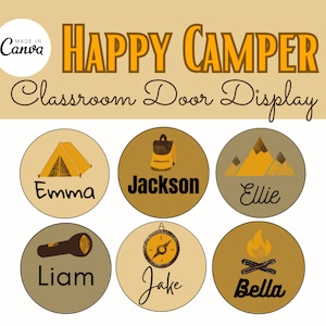 Happy Camper Classroom Name Tags / Printable Name Tags / National Parks School Theme / Editable Canva Template / Teacher Labeling Supplies