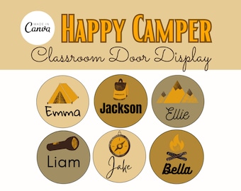 Happy Camper Classroom Name Tags / Printable Name Tags / National Parks School Theme / Editable Canva Template / Teacher Labeling Supplies