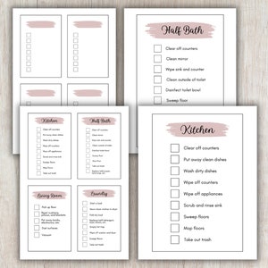 May include: Printable checklist with a pink brushstroke design for cleaning different rooms of a house. The checklist includes tasks like clearing off counters, washing dishes, wiping appliances, sweeping floors, and taking out the trash.