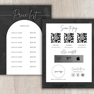 以下が含まれることがあります： 白黒のアーチデザインが施された白黒の価格表。価格表にはサービスと価格が記載されています。価格表の下部には、PayPal、Venmo、CashApp の QR コードを使用したスキャンして支払うセクションがあります。現金、クレジットカード、Apple Pay もご利用いただけます。価格表の下部には、ロゴ、ウェブサイト、ソーシャルメディアのハンドルが記載されています。