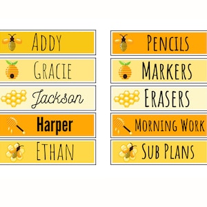 May include: Set of 10 yellow and white labels with bee illustrations and black text. The labels include names like Addy, Gracie, Jackson, Harper, Ethan, Pencils, Markers, Erasers, Morning Work, and Sub Plans.