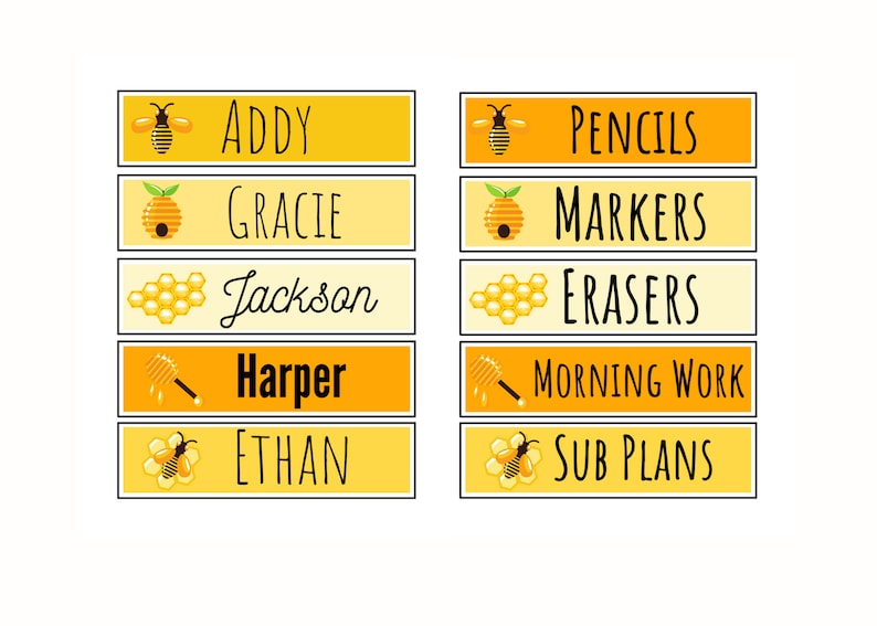 May include: Set of 10 yellow and white labels with bee illustrations and black text. The labels include names like Addy, Gracie, Jackson, Harper, Ethan, Pencils, Markers, Erasers, Morning Work, and Sub Plans.