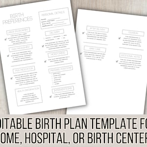 Sjabloon bewerkbare geboortevoorkeuren, downloadbaar geboorteplan voor Doula, natuurlijke thuisbevalling VBAC afdrukbare checklist, document geboortecentrum
