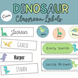 Etichette e targhette modificabili con dinosauri per decorazioni per aule a tema scuola elementare