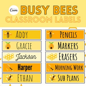 Etichette modificabili con nome / Tema Busy Bee per aule / Decorazioni per bambini in stile alveare / Forniture per insegnanti / Etichette stampabili per aule / Strumento di organizzazione