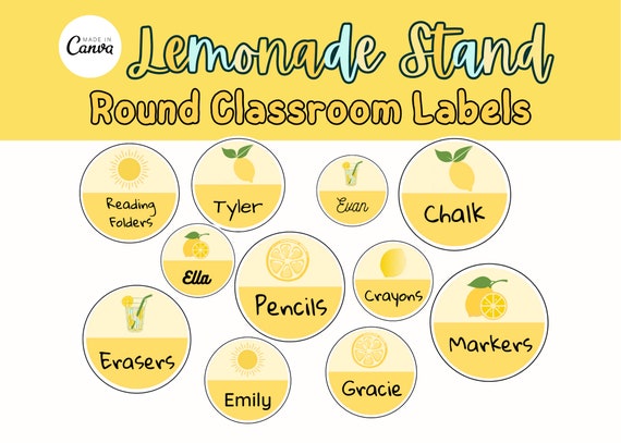 Lemonade Stand Classroom Name Tags / Printable Name Tags / Lemon Summer  Class Theme / Editable Canva Template / Teacher Labeling Supplies 