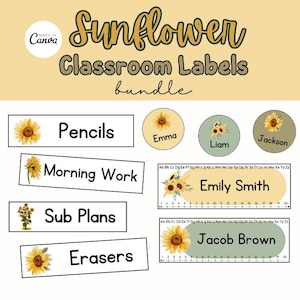 Editable Sunflower Labels and Classroom Decor for Elementary School / Printable Summer Class Posters / Number Line Name Tag Template