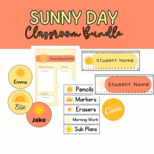 Editable Sunshine Labels & Name Tags for Elementary School Themed Classroom Decor / Bright Sun Door Class Door Display /