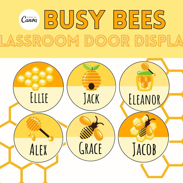 Busy Bees Classroom Name Tags / Printable Name Tags / Beehive Theme Summer Class Theme / Editable Canva Template / Teacher Labeling Supplies