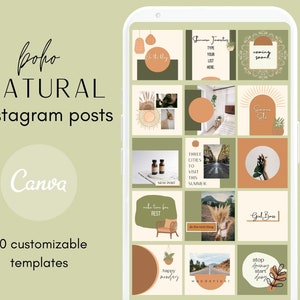 Puede incluir: Un conjunto de 20 plantillas de publicaciones de Instagram personalizables en un estilo boho natural. Las plantillas presentan una variedad de colores, incluidos el verde, el marrón y el beige, e incluyen texto como "Summer Favorites", "New Port", "Three Cities to Visit This Summer", "Make Time for Rest", "Happy Monday", "Wanderlust", "Girl Boss" y "Stop Dreaming Start Doing".