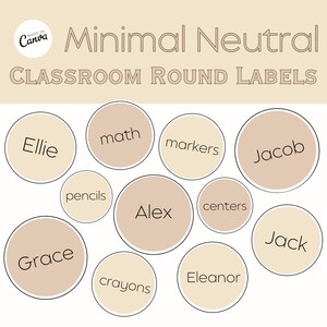 May include: A set of beige and cream round labels with black text. The labels include names such as Ellie, Jacob, Alex, and Grace, as well as classroom supplies such as maths, markers, pencils, and crayons. The labels are designed for a classroom setting.