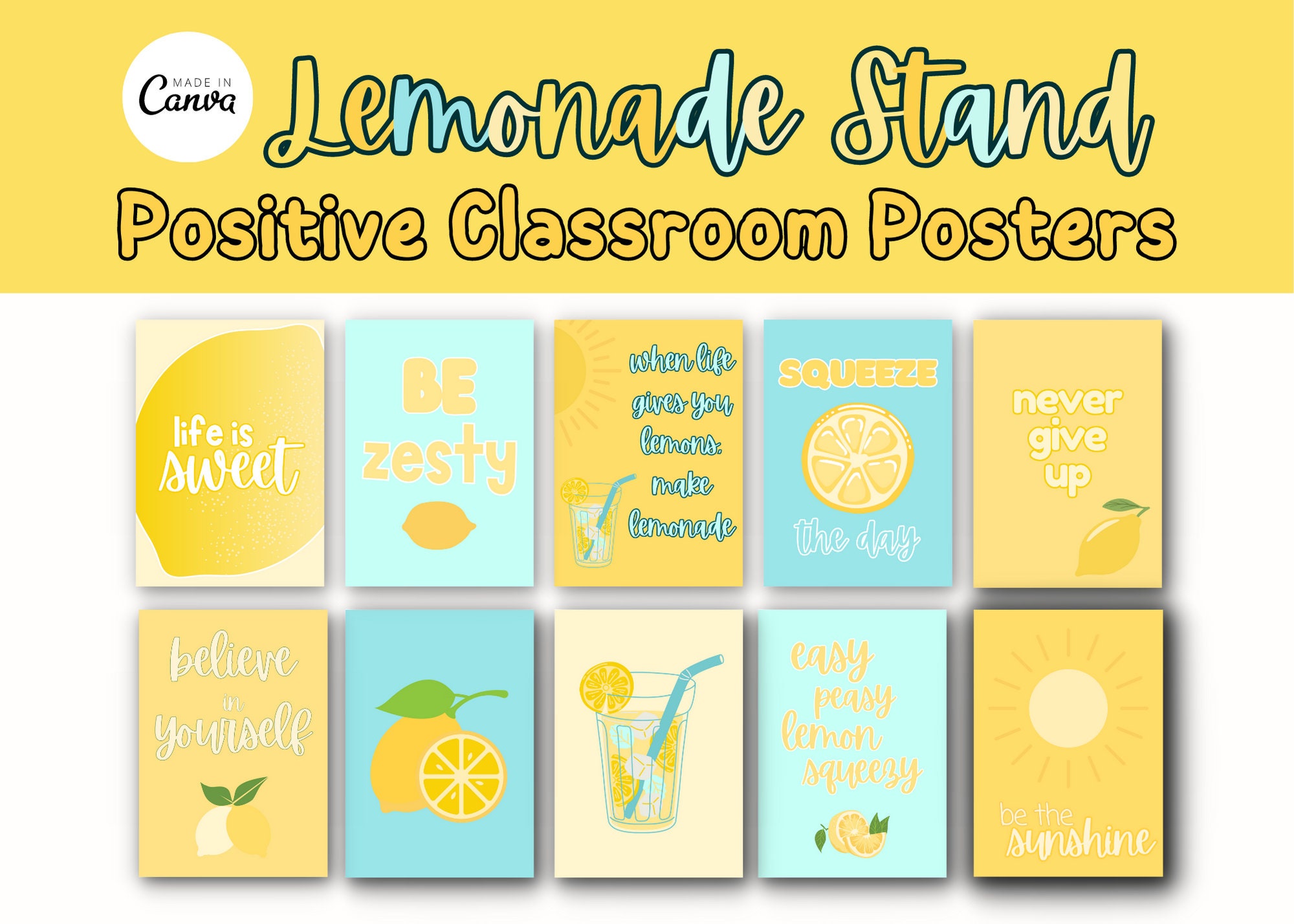 Lemon Classroom Bulletin Board Positive Quote Posters / Lemonade Stand Decor / Cute Elementary School Positive Affirmation Wall Hangings
