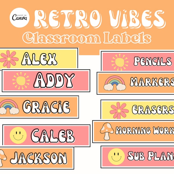 Editable Name Tags / Retro Theme Classroom / Groovy 70s Style Kids Decor / Teacher Supplies / Classroom Printable Labels / Organization Tool