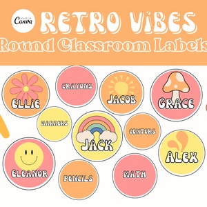 Groovy Round Classroom Name Tags / Printable Name Tags / Retro 70s Summer Class Theme / Editable Canva Template / Teacher Labeling Supplies