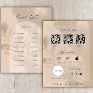 以下が含まれることがあります： ベージュとブラウンの価格表で、サービスと価格のリストが記載されています。リストの下部には、PayPal、Venmo、CashApp の QR コードを含む支払い方法に関する情報と、現金、クレジットカード、Apple Pay のオプションが記載されています。リストには、ロゴのプレースホルダーとソーシャルメディアのアイコンも含まれています。