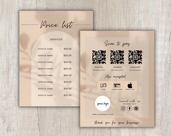 Editable Scan to Pay and Price List, Neutral Colored Customizable Pricing Guide Template for Small Business Owner, Printable QR Code Sheet