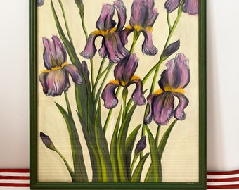 Original Pastell Malerei Iris lila Blumen Wand Galerie Holz Vintage grünen Rahmen