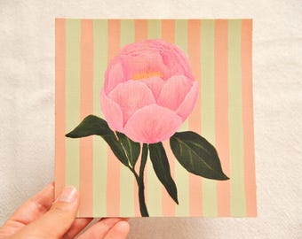 Pintura acrílica original de flor de peonía: arte floral botánico en miniatura