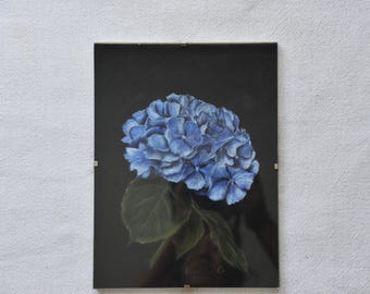 Original Soft Pastel Painting - Blue Hydrangea  in Vintage Glass Frame 18x24 cm