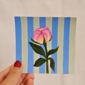 Original Acrylic Painting Rose Floral Art on Canvas Paper Small Wall Decor - Hand-Painted Botanical Art Pink Flower