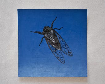 Original Acrylic Cicada Painting: Small Modern Insect Art 15x15 cm