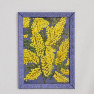 Yellow Mimosa Original Oil Painting in Vintage Frame: Cottagecore Floral Wall Art
