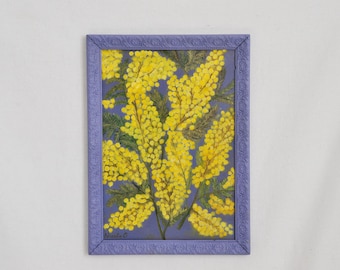 Yellow Mimosa Original Oil Painting in Vintage Frame: Cottagecore Floral Wall Art 30x40 cm