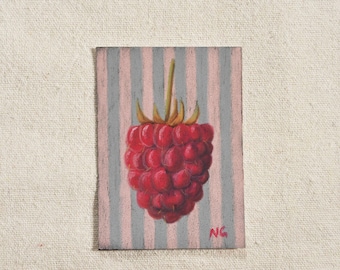 Strawberry ACEO Original Soft Pastel Painting. Tiny Art Fruit Illustration Collectible 2.5x3.5 inches.