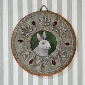 Kaninchen Original Ölgemälde Vintage Runde Rahmen Hase Malerei Bauernhof Tier