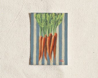 Wortels ACEO Origineel schilderij met zachte pastelkrijt. Klein kunstwerkje met groente-illustratie, verzamelobject 2,5 x 3,5 inch.