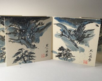 Set von 4, handgemalte chinesische Malerei, schneebedeckte Berge, Winterszene, Grußkarte, Geschenk für Ihn, Geburtstagskarte