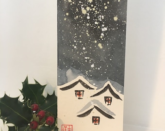 Handgeschilderde winterse kaart, Chinese aquarelkunst, nieuwjaar, kerst, huisjes in de sneeuw