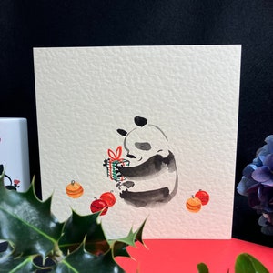 Originele handgeschilderde kaart, kerstkaart, pandakaart, wenskaart, kerstpanda, gepersonaliseerde kaart, babykerstkaart
