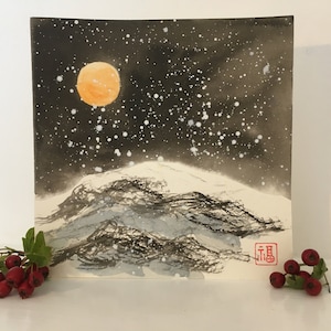 Original handgemalte Neujahrskarte 2022, Neujahrskarte, verschneite Szene, chinesische Malerei, Grußkarte, chinesische Landschaft