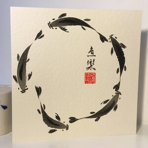 Cartão pintado à mão, pintura chinesa, arte oriental, peixe, carpas koi, cartão de felicitações em estilo chinês, cartão para ele, cartão de aniversário, cartão requintado