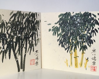 Originele handgeschilderde kaart, Chinees Nieuwjaar, maannieuwjaarskaart, besneeuwde bamboe, winters tafereel, wenskaart