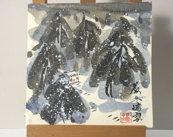 Handgeschilderde Chinese besneeuwde bergkaart, winterlandschapskunst, aangepaste Chinese kalligrafie
