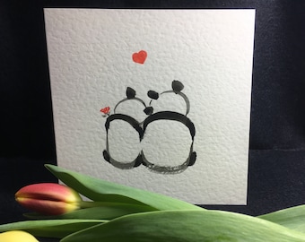 Originele handgeschilderde kaart, valentijnskaart, pandakaart, twee panda's, kaart voor stel, jubileumkaart, trouwkaart, gepersonaliseerde kaart