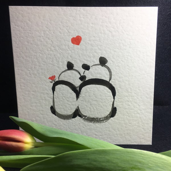 Tarjeta original pintada a mano, Tarjeta San Valentín, tarjeta panda, dos pandas, tarjeta para pareja, tarjeta de aniversario, tarjeta de boda, tarjeta personalizada