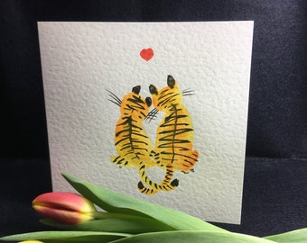 Handgeschilderde aquarel tijger Valentijnskaart, jubileum-/trouwkaart, gepersonaliseerd bericht
