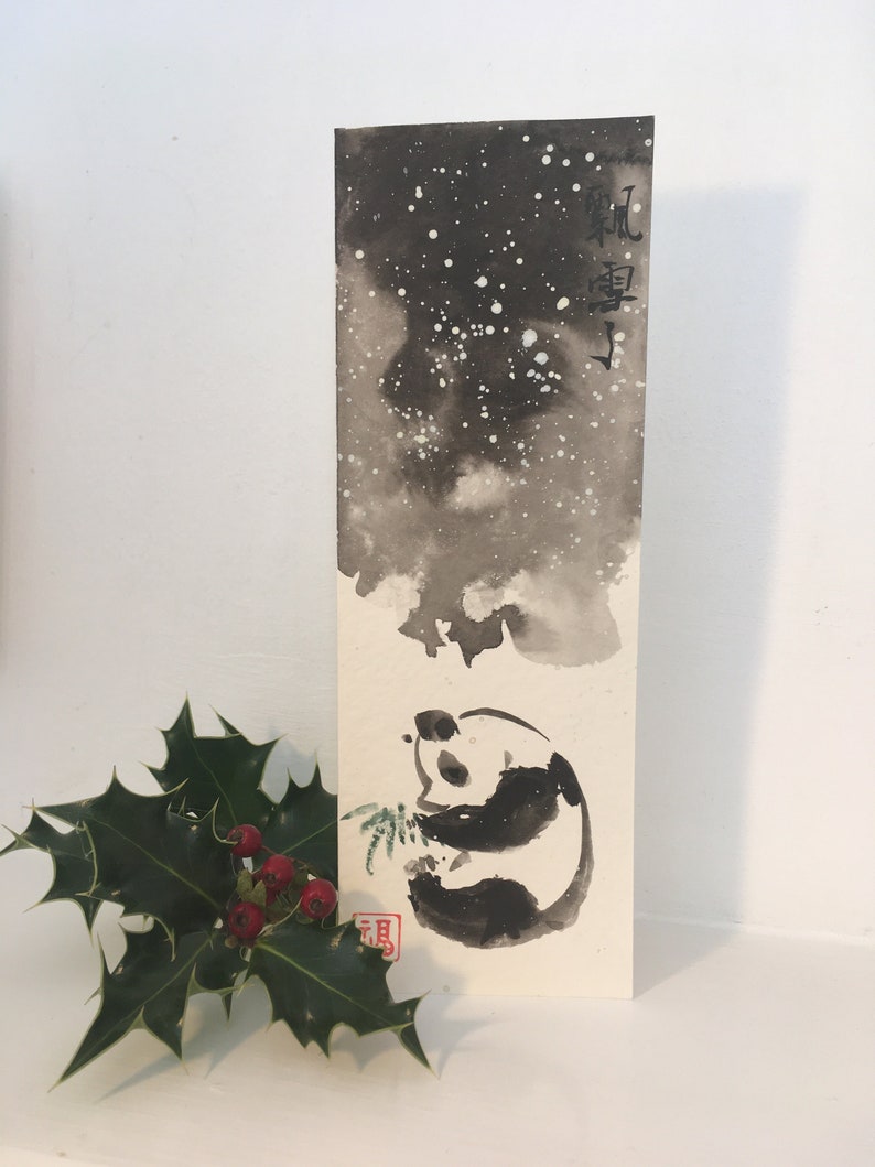 Panda Christmas card, original hand painted card,, Chinese painting, Panda bear, Baby card, greeting card, exquisite card image 2