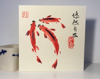 Tarjeta original pintada a mano, tarjeta estilo chino, año nuevo chino, tarjeta año nuevo lunar, carpa Koi, tarjeta de felicitación, tarjeta de cumpleaños, tarjeta oriental