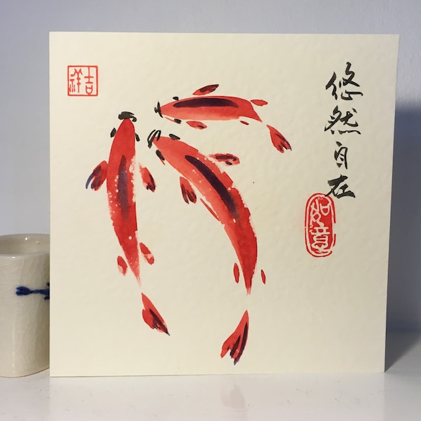 Original hand painted card, Chinese style card, Chinese New Year, Lunar New Year card, Koi carp, greeting card, birthday card, oriental card