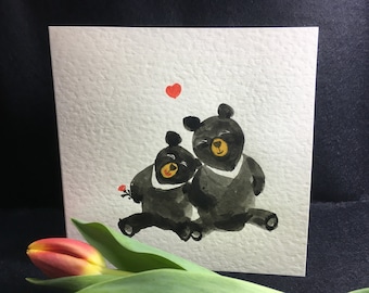 Originele handgeschilderde kaart, valentijnskaart, berenkaart, twee beren, kaart voor paar, jubileumkaart, trouwkaart, gepersonaliseerde kaart
