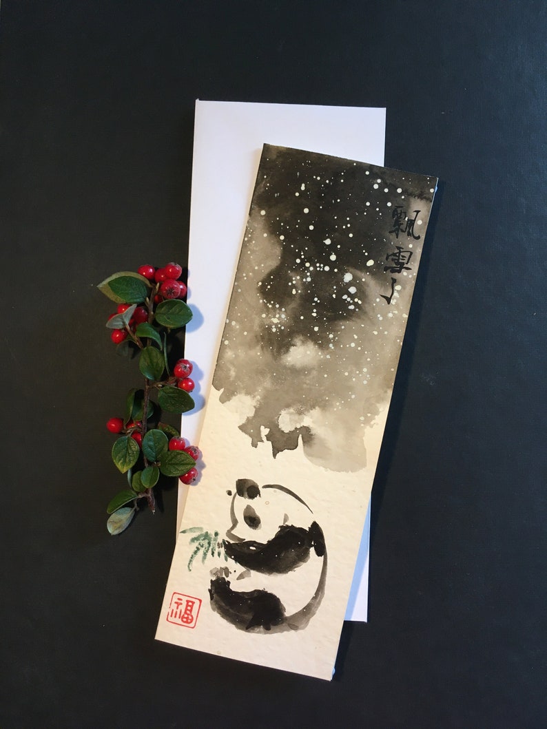 Panda Christmas card, original hand painted card,, Chinese painting, Panda bear, Baby card, greeting card, exquisite card image 1