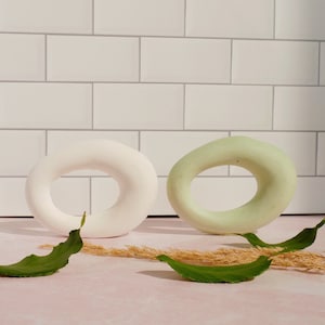May include: Two ceramic ring-shaped sculptures, one white and one light green, on a pink surface with green leaves and dried grass.