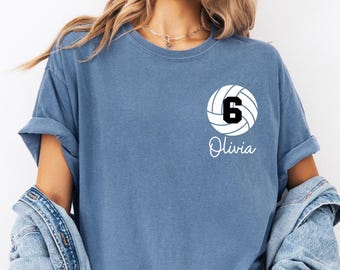 Comfort Colors Personalized Volleyball T-Shirt, Name and Number Volleyball pocket shirt, Custom Volleyball Mom Shirt