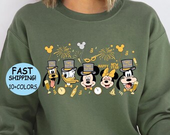 Felpa Disney Happy New Year 2025, Felpa con cappuccio Disney Mickey and Friends per Capodanno, Regalo di Buon Anno per la Famiglia, Maglietta Disney per Capodanno