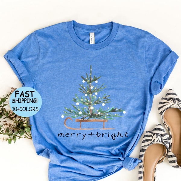Christmas Shirts for Women, Merry and Bright Shirt, Christmas Long Sleeve Shirt, Christmas Tree Shirt, Holiday Shirts, Winter Shirt