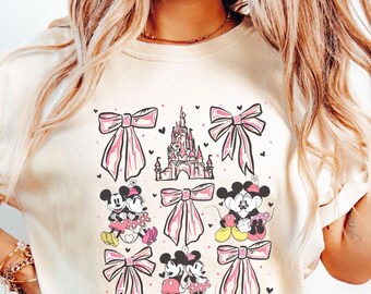 Comfort Colors Coquette Bows Mickey and Minnie Valentines Day love Shirt, Disneyland Couple shirt, Disney Castle Tee, Disney Valentine shirt